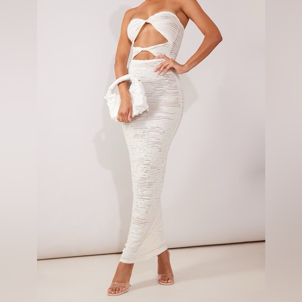 Cream Maxi Dress. Bandeau Twist Cut Out Top